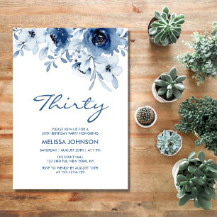 Modern Blue Roses Floral Greenery 30th Birthday Invitation