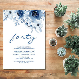 Modern Blue Roses Floral Greenery 40th Birthday Invitation