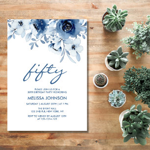 Modern Blue Roses Floral Greenery 50th Birthday Invitation