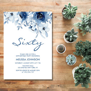Modern Blue Roses Floral Greenery 60th Birthday Invitation