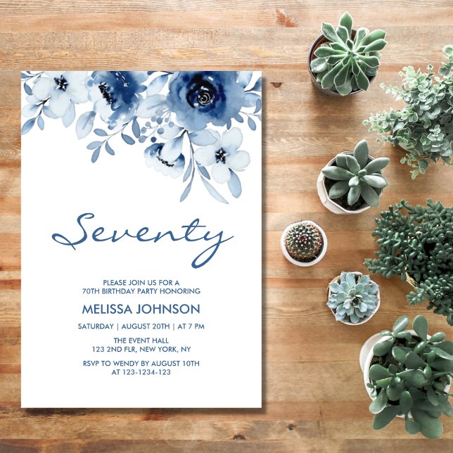 Modern Blue Roses Floral Greenery 70th Birthday Invitation (Creator Uploaded)