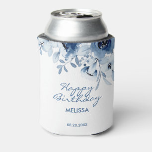 Modern Blue Roses Floral Greenery Birthday  Can Cooler