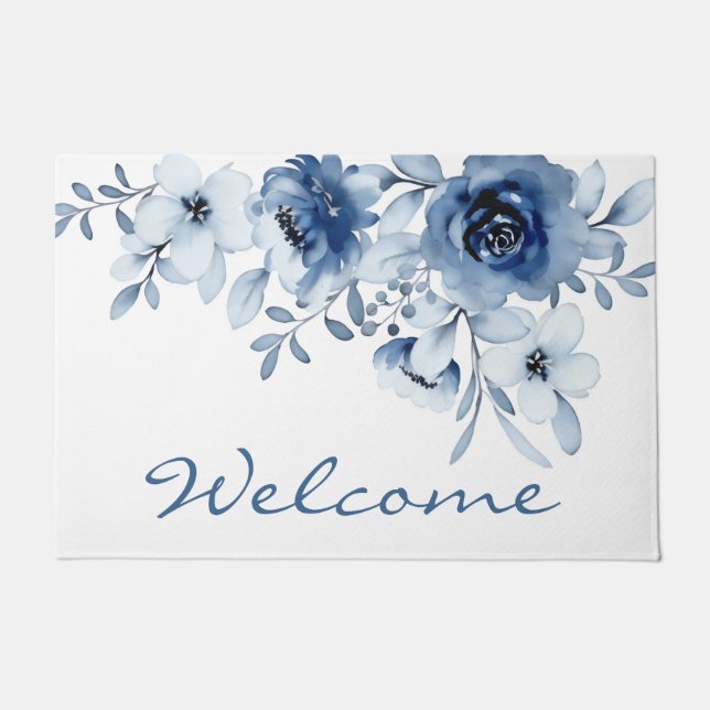Modern Blue Roses Floral Greenery Welcome Doormat (Front)