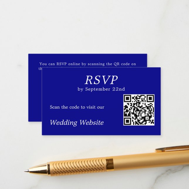 Modern  Blue RSVP Wedding Website QR Code  Enclosure Card (Front/Back In Situ)