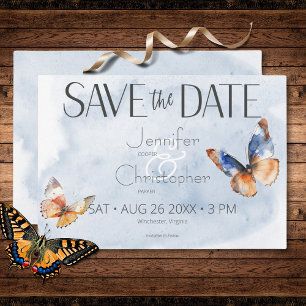 Modern Blue & Rust Watercolor Butterflies Wedding Save The Date
