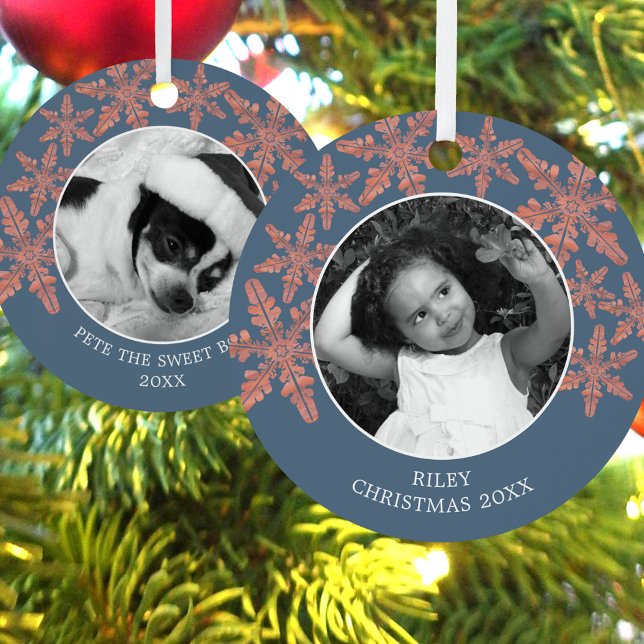 Modern Blue Rustic Snowflake 2 Photo Chic Holiday Metal Tree Decoration (Add your two photos to these blue rustic snowflake Christmas ornaments and create holiday keepsakes)