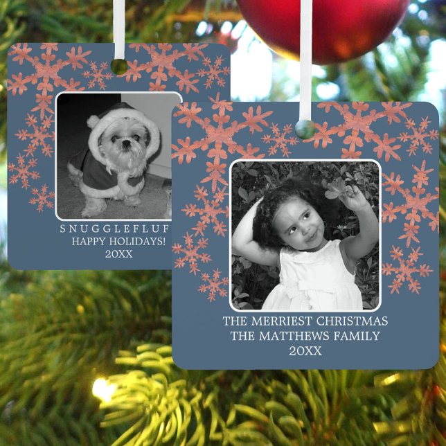 Modern Blue Rustic Snowflake 2 Photo Cute Holiday Metal Tree Decoration (Add your 2 photos to this double sided Christmas ornament in blue with rustic faux wood snowflakes)