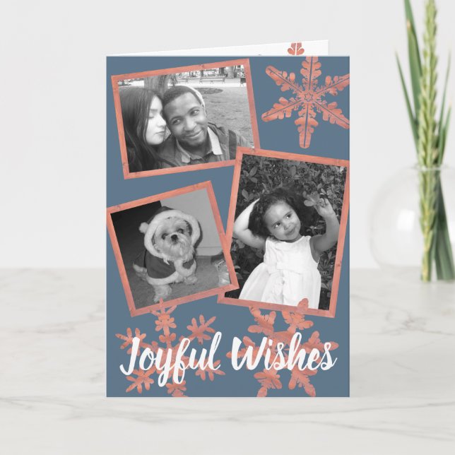 Modern Blue Rustic Snowflake 3 Photo Collage Holiday Card (Front)