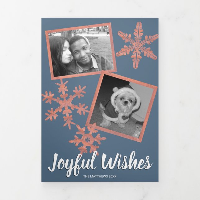 Modern Blue Rustic Snowflake Collage 5 Photo Tri-Fold Holiday Card (Cover)