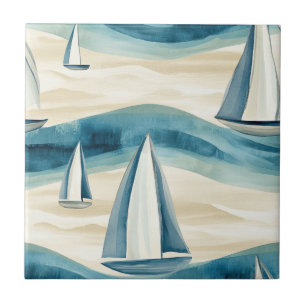 Modern Blue Sailboat Ocean Wave Pattern Ceramic Tile