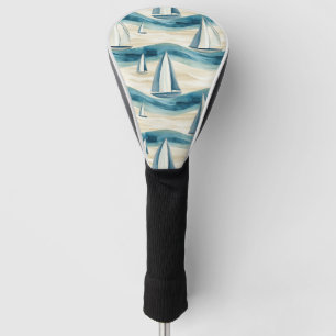 Modern Blue Sailboat Ocean Wave Pattern Golf Head Cover