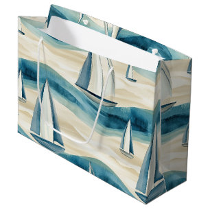 Modern Blue Sailboat Ocean Wave Pattern Large Gift Bag