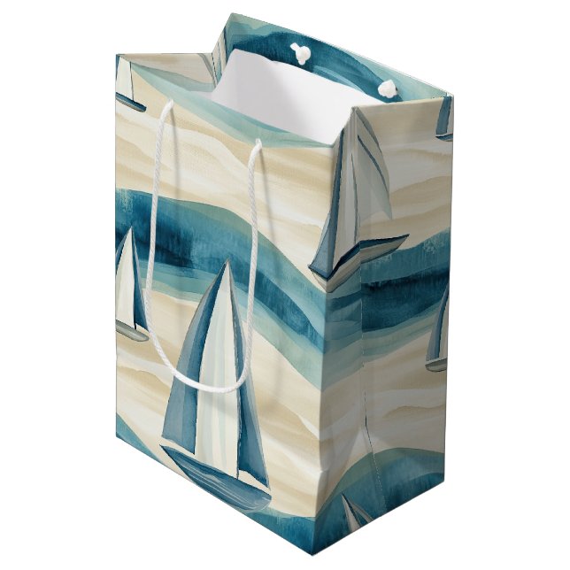 Modern Blue Sailboat Ocean Wave Pattern Medium Gift Bag (Front Angled)