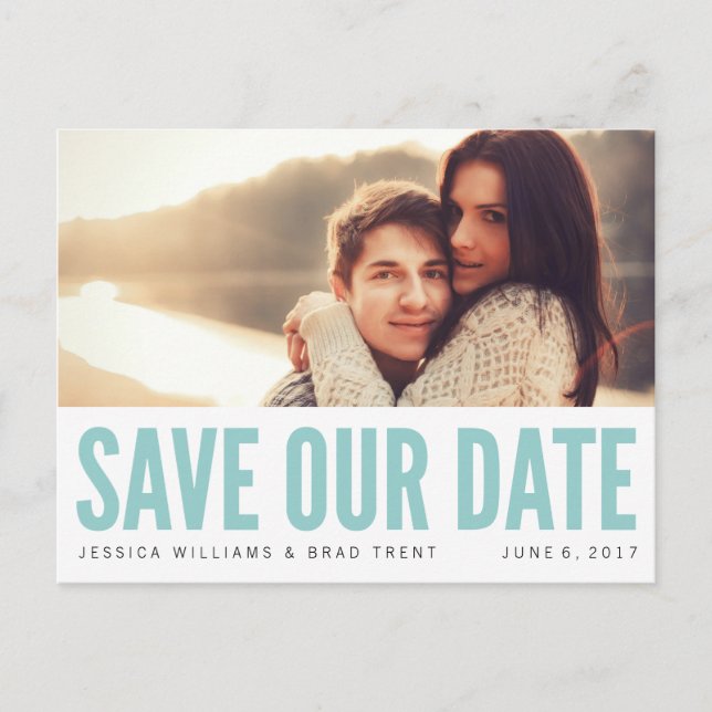 Modern Blue Save Our Date Photo Postcard (Front)