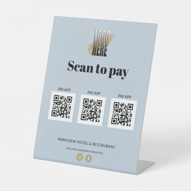 Modern Blue Scan to Pay Apps 3 QR Codes with Logo Pedestal Sign (Front)