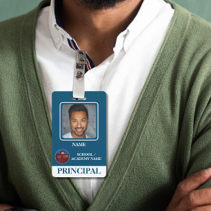 Modern Blue School Logo Principal ID Badge