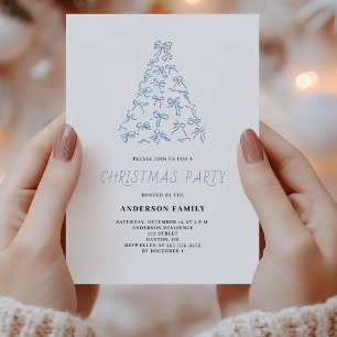 Modern Blue Scribble Bow Christmas Party Invitation