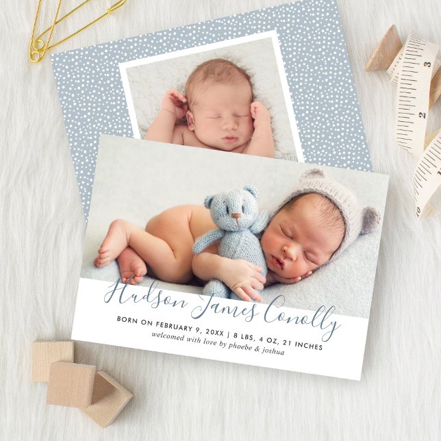 Modern Blue Script Baby Boy Photo Birth Announcement (Creator Uploaded)