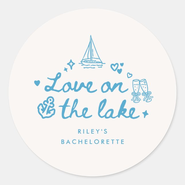 Modern Blue Script Lake Bachelorette Party Classic Round Sticker (Front)