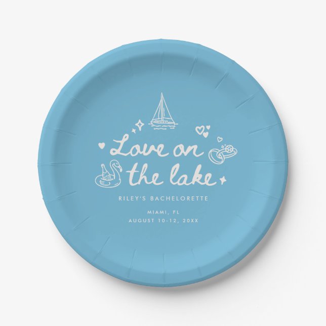 Modern Blue Script Lake Bachelorette Party Paper Plate (Front)