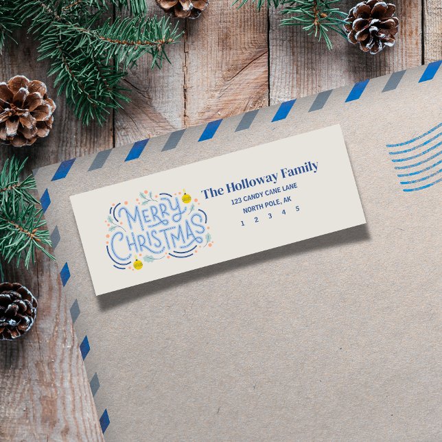 Modern Blue Script Merry Christmas  Return Address Label (Send holiday greetings with a classic touch! )