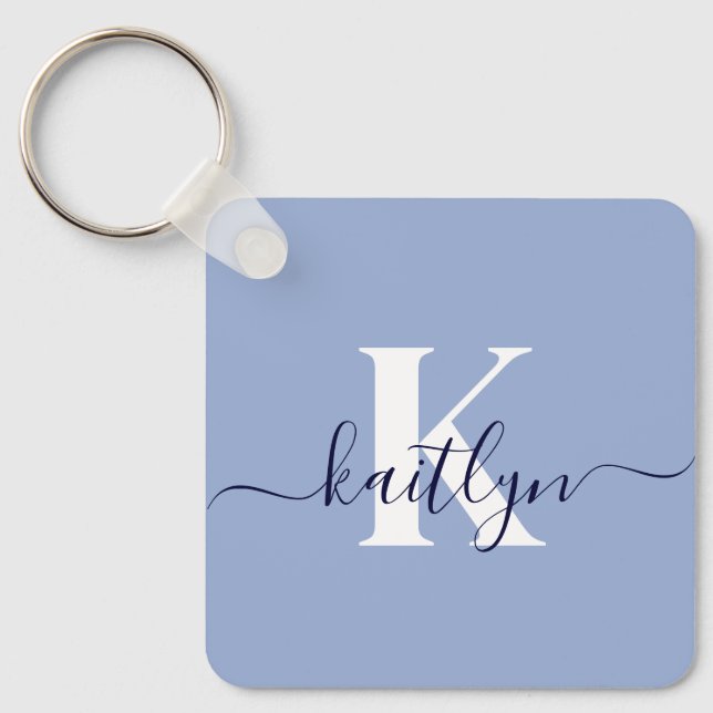 Modern Blue Script Monogram Key Ring (Front)