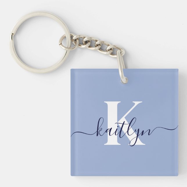 Modern Blue Script Monogram Key Ring (Front)