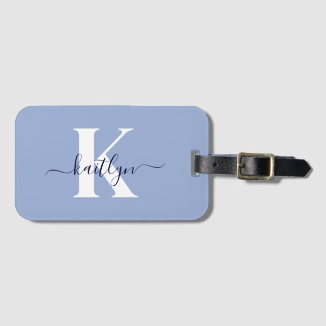 Modern Blue Script Monogram Luggage Tag (Front Horizontal)