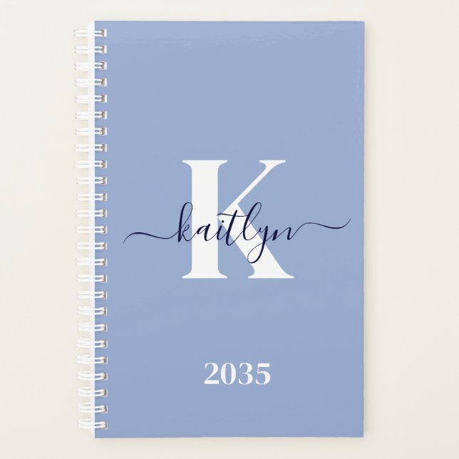 Modern Blue Script Monogram Planner (Front)