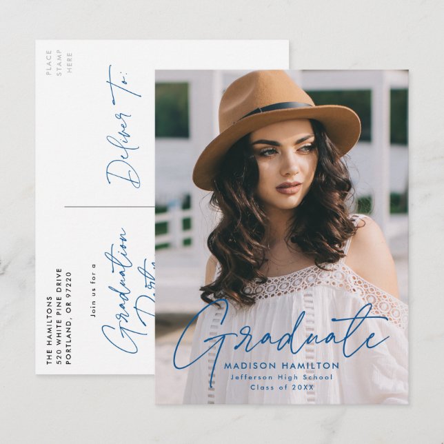 Modern Blue Script Photo Graduation Party Invitation Postcard (Front/Back)