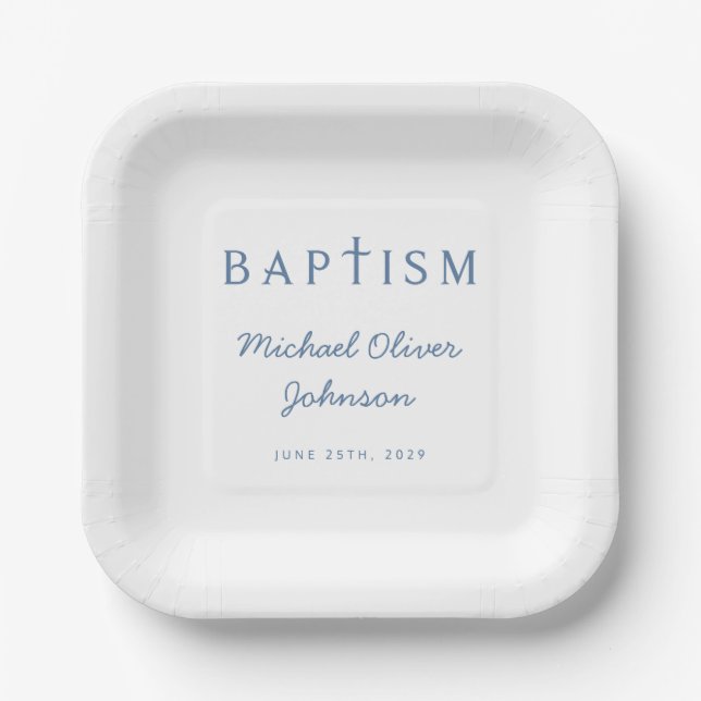 Modern Blue Script Religious Cross Boy Baptism Paper Plate (Front)