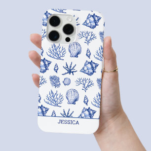 Modern Blue Seashell Custom Name Coastal Beach iPhone 15 Pro Max Case