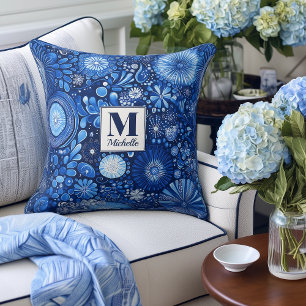 Modern Blue Shibori Monogram Accent Pillow