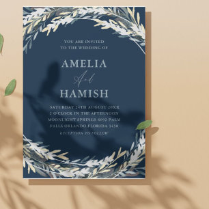 Modern Blue & Silver Botanical Wedding  Invitation