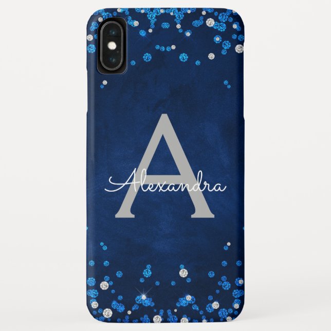 Modern Blue Silver Glitter Confetti Monogram Case-Mate iPhone Case (Back)