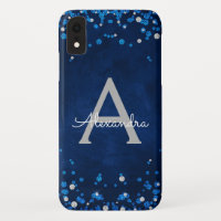 Modern Blue Silver Glitter Confetti Monogram
