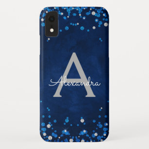 Modern Blue Silver Glitter Confetti Monogram iPhone XR Case