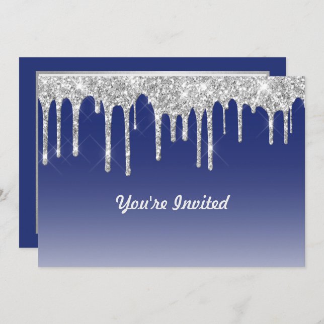 Modern Blue Silver Glitter Drips Birthday Invitation (Front/Back)