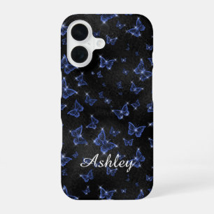Modern Blue Silver Script Name Butterflies iPhone 16 Case