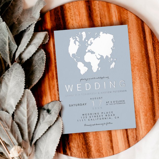 Modern blue silver world map wedding photo (Creator Uploaded)