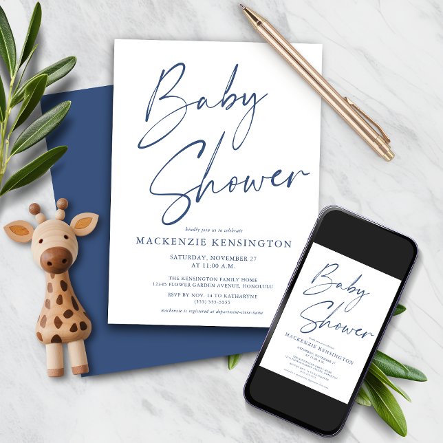 Modern Blue Simple Handwritten Script Baby Shower Invitation (Modern Blue Simple Handwritten Script Baby Shower Invitation with Instant Download Option)