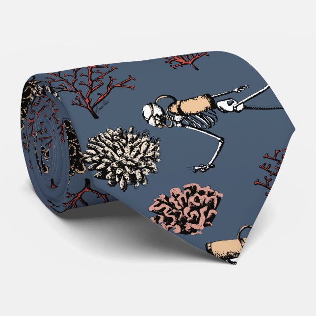 Modern Blue Skeleton Scuba Divers Necktie (Rolled)