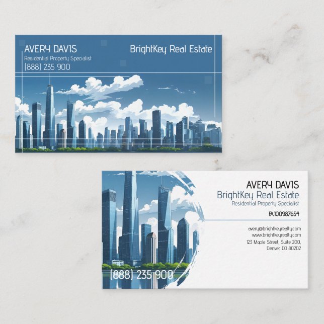 Modern Blue Skyline Real Estate  Business Card (Front/Back)