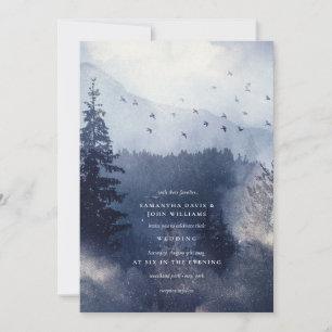 Modern Blue Snow Frosted Forest with Birds Wedding Invitation