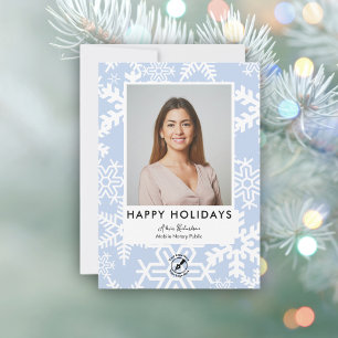 Modern Blue Snowflake Notary Happy Holidays Photo  Holiday Card
