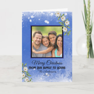 Modern Blue Snowflakes Family Photo Christmas Card