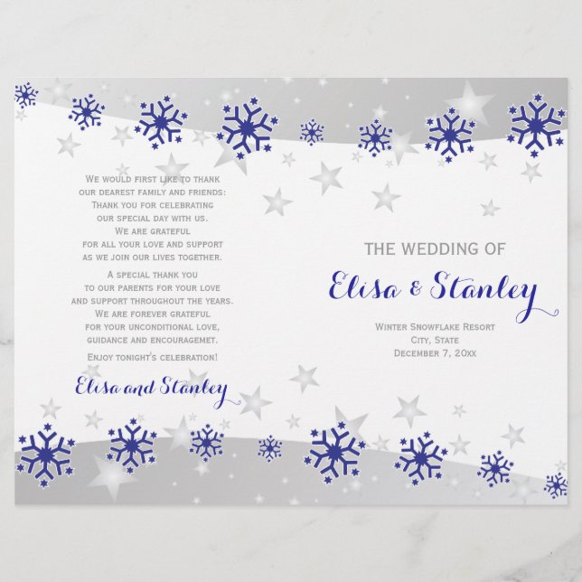 Modern blue snowflakes folded wedding program (Front)