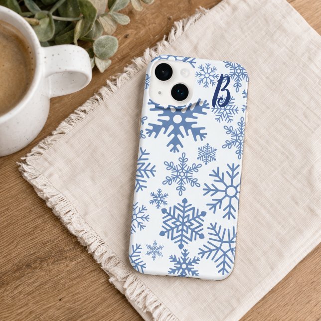 Modern Blue Snowflakes Monogram Case-Mate iPhone Case (Creator Uploaded)