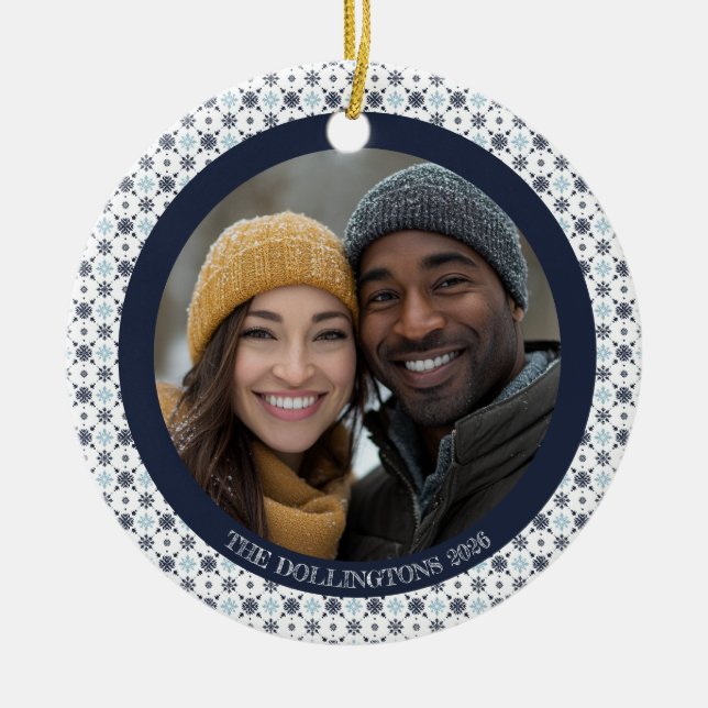 Modern Blue Snowflakes Two-Sided Photo Holiday Cer Ceramic Ornament (Front)