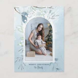 Modern Blue Sparkly Winter Botanical Arch Photo Holiday Postcard